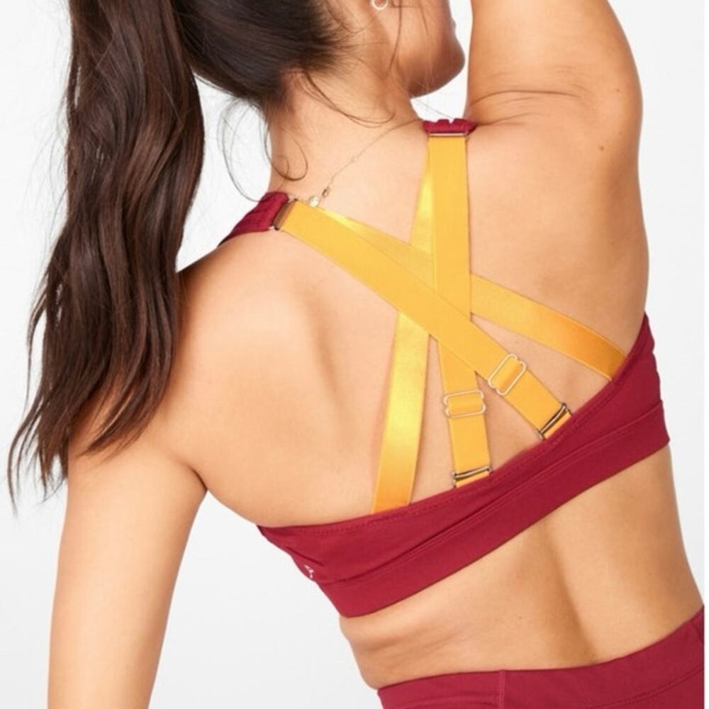 Fabletics NEW‎ Medium Belle High Impact Sports Bra Red Yellow Strappy